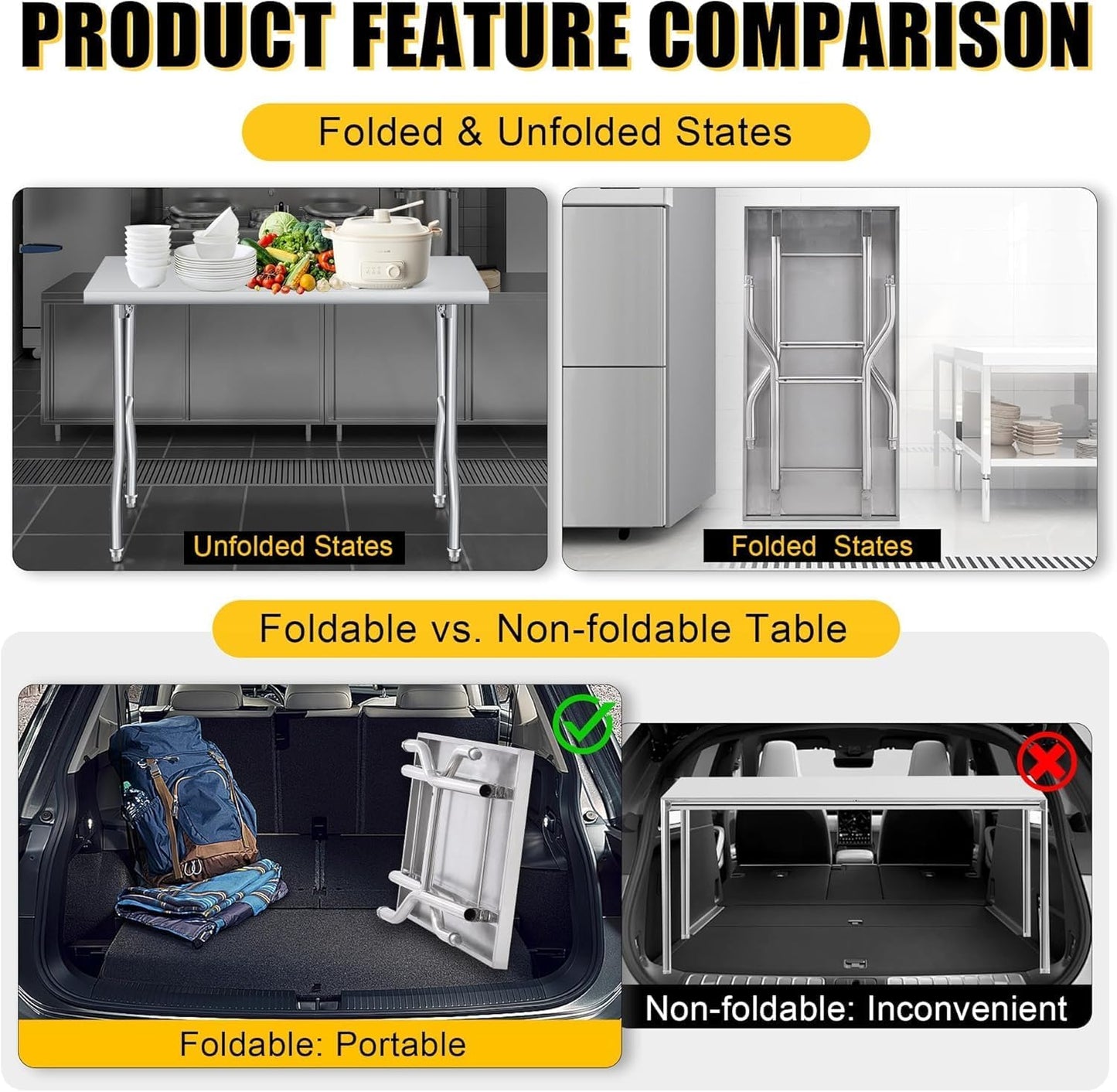COZONY Stainless Steel Foldable Work Table, 48×30 Inch Heavy Duty Construction, Rust-Resistant & Durable Utility Table for Home Kitchen, Food Prep, Garage Storage and Outdoor Use