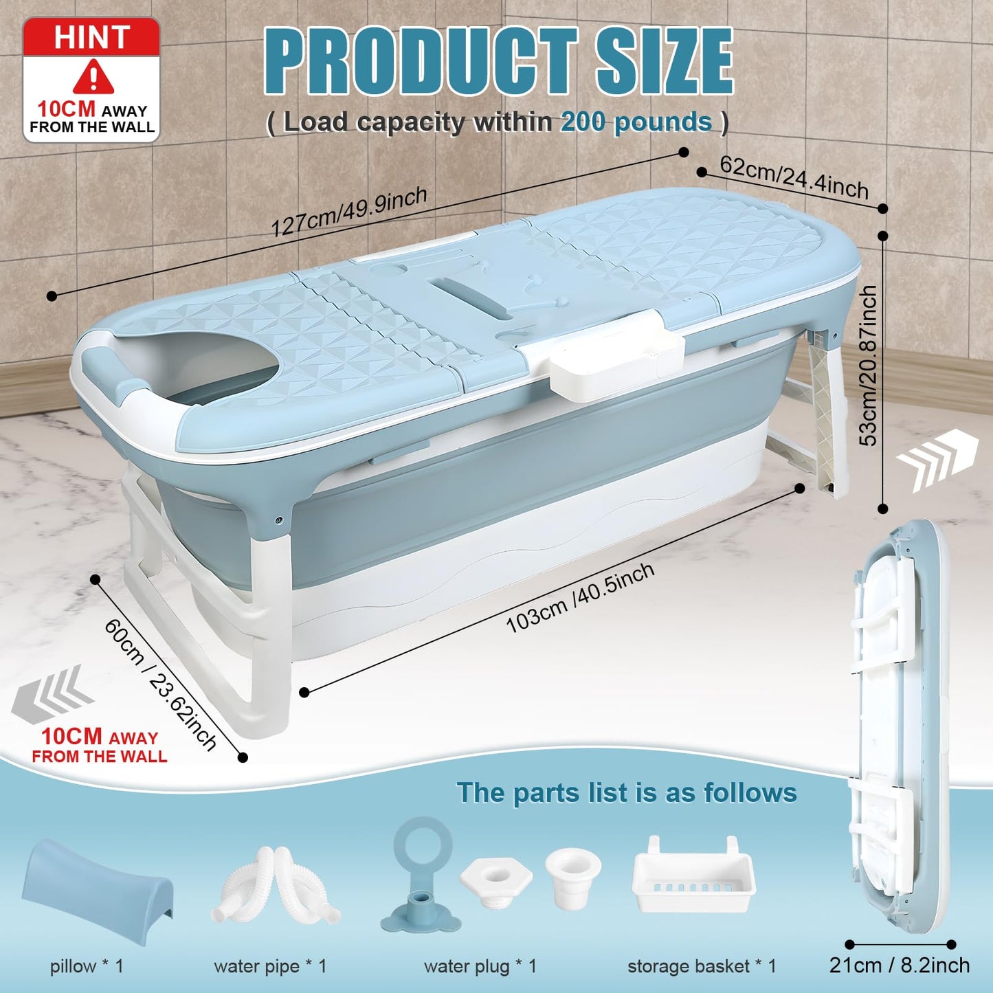 50" Foldable Bathtub for Adults, Large Portable Bath tub with Storage Basket, 1.3 Meter Foldable Bathtub with Thermal Cover for Indoor/Outdoor Use (Blue-50in)