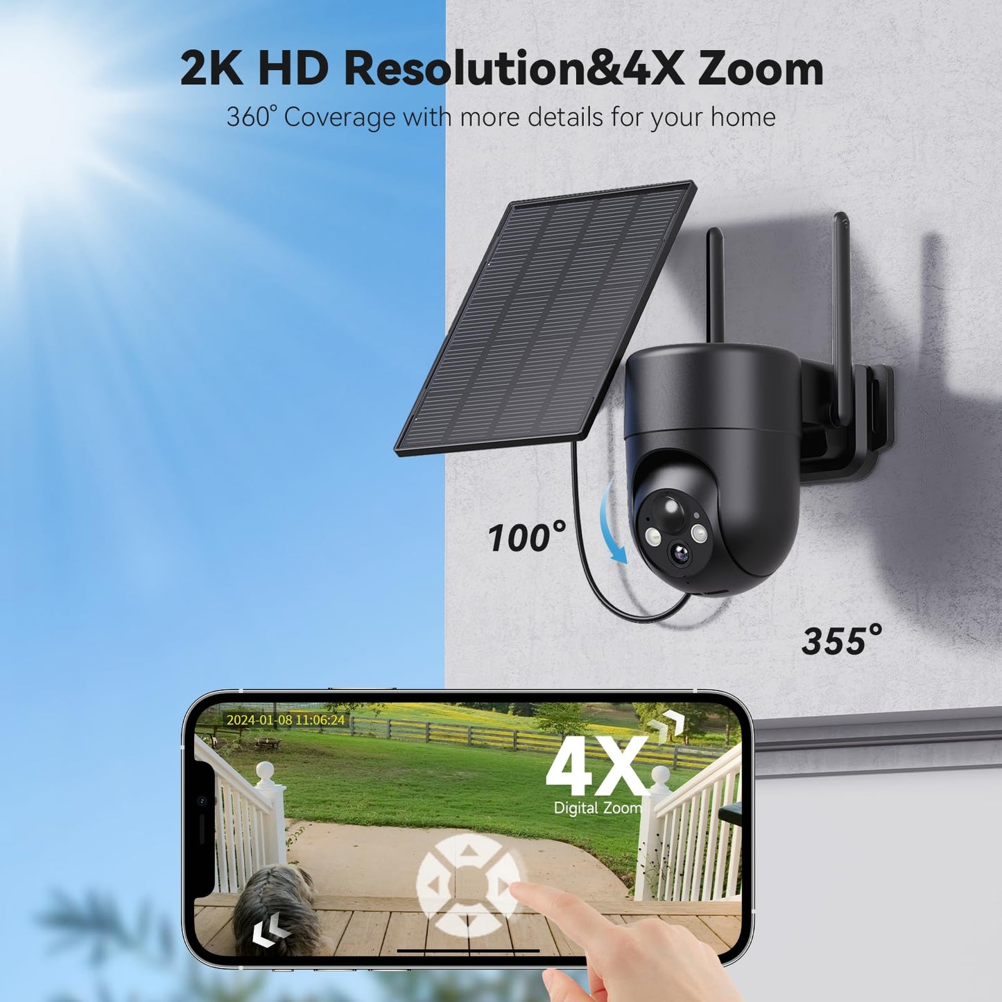 ELYSOO Solar Security Camera Wireless Outdoor, 2K Color Night Vision, 360°View Outdoor Camera Wireless, Instant Alerts, Remote, 2.4GHz Wi-Fi, 4pack
