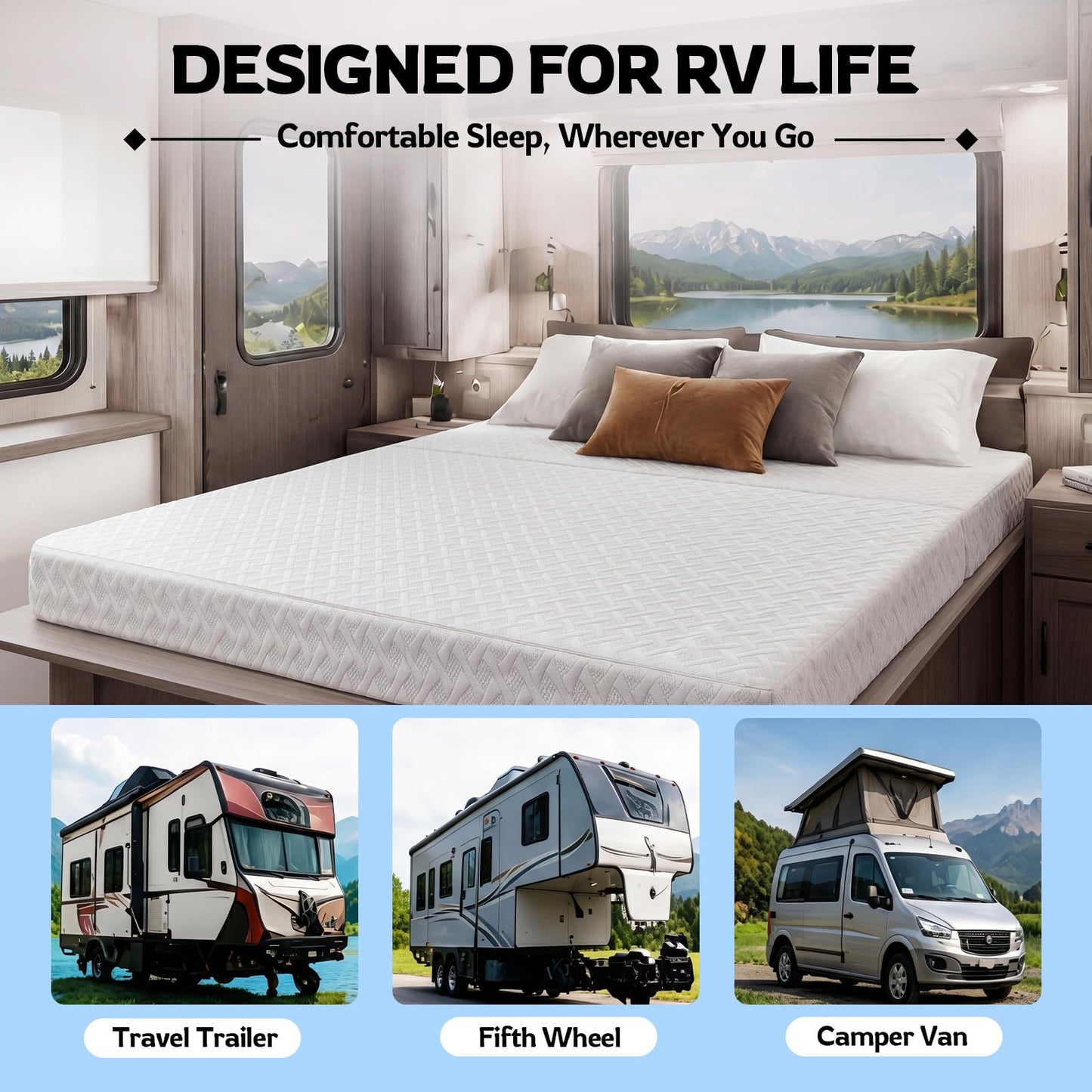 Novabright 1/3 Folding RV Short Queen Mattress, 75" × 59" × 6" Bifold Memory Foam Mattress with High Resilience Support, Breathable Cover & Zipper Non-Slip Bottom for RV Camper Trailers