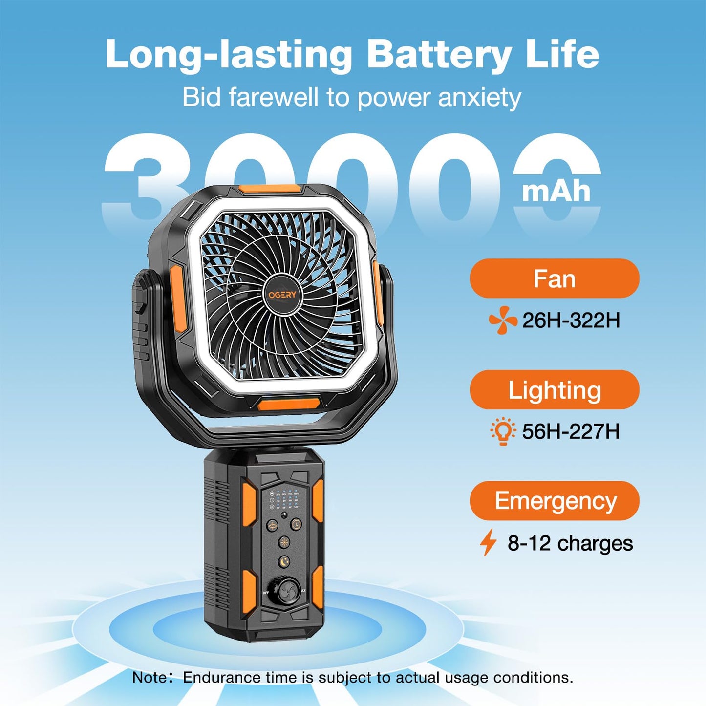 OGERY Portable Camping Fan with Adjustable Height Stand, 30000mAh Battery Powered Fan with Remote, LED Light, Auto Oscillation for Tent, RV, Bedroom, Travel – Floor & Desk Fan