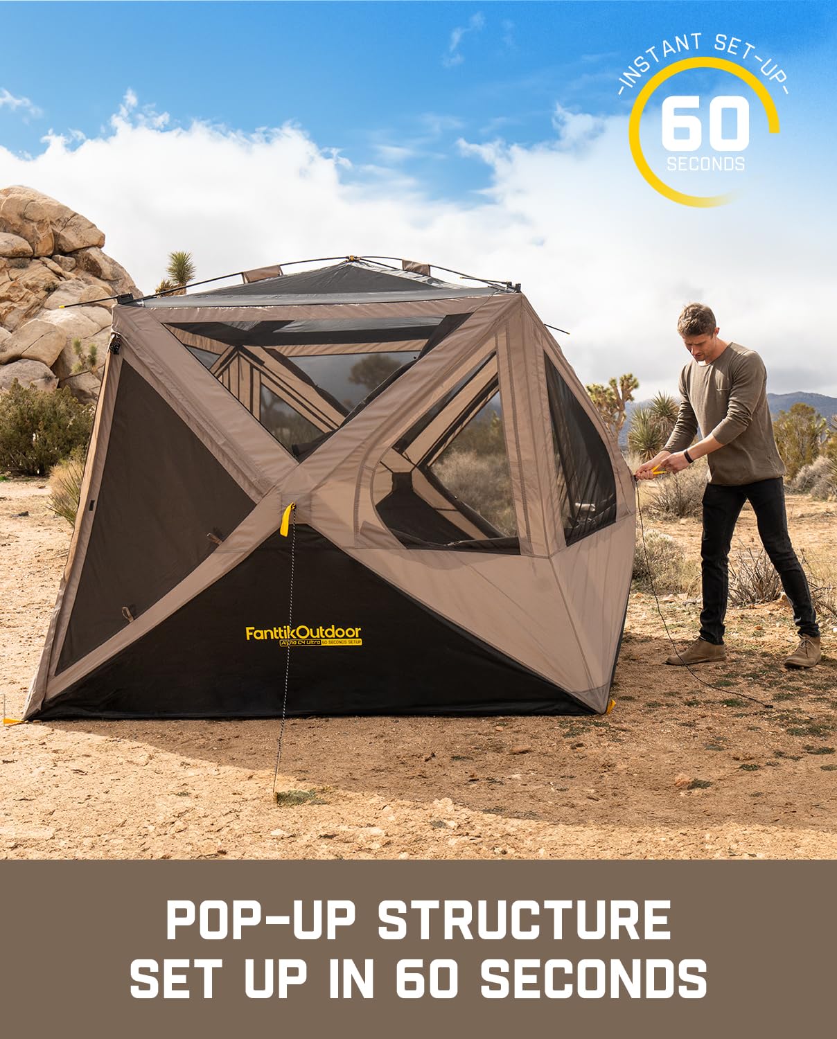 FanttikOutdoor Alpha C4 Ultra Camping Tent 4 Person Pop Up Instant Cabin Setup in 60 Seconds Portable Hub Tent with Rainfly & Windproof for Outdoor Camping & Overlanding, Khaki