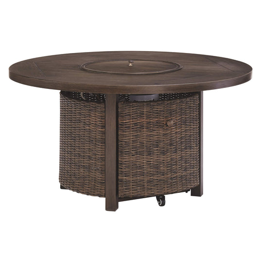 Signature Design by Ashley Paradise Trail Outdoor Round Wicker Patio Fire Pit Table, Brown