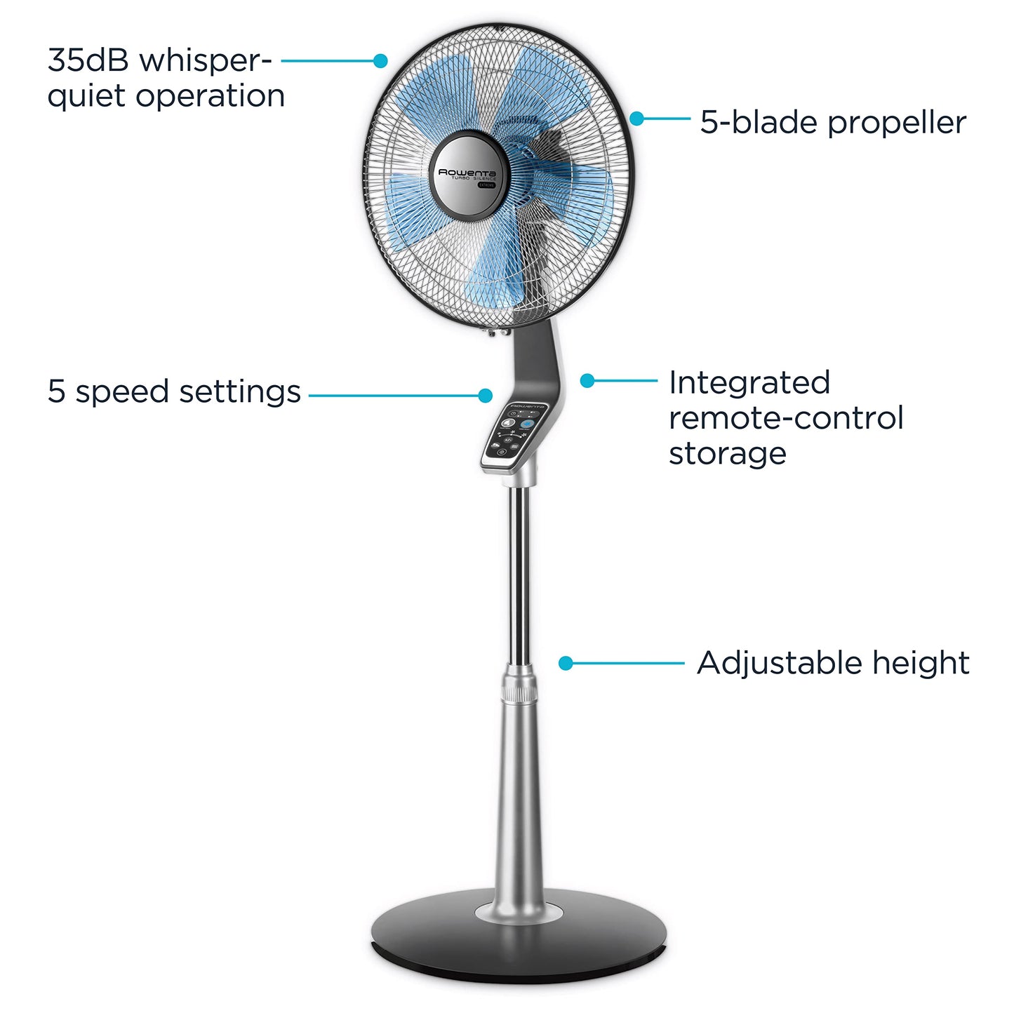 Rowenta Pedestal Fan, 53 Inches, Ultra Quiet Oscillating Fan for Bedroom, Portable, 5 Speeds, Refresh Up to 23-Feet, Silver, Indoor, VU5670