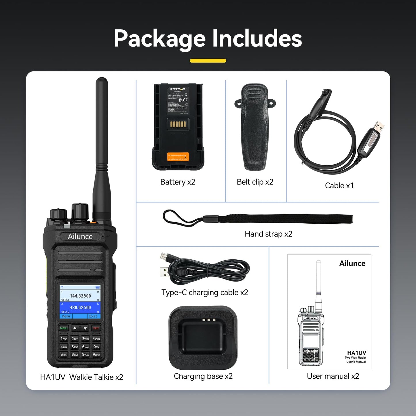 Retevis Ailunce HA1UV Ham Radio Handheld, Upgrade Chirp, Dual Band Radio with Cable,IP67 Waterproof, USB-C, 2800mAh, NOAA, Emergency Alarm, Long Range Handheld Transceiver for Hunting, Camping(2 Pack)