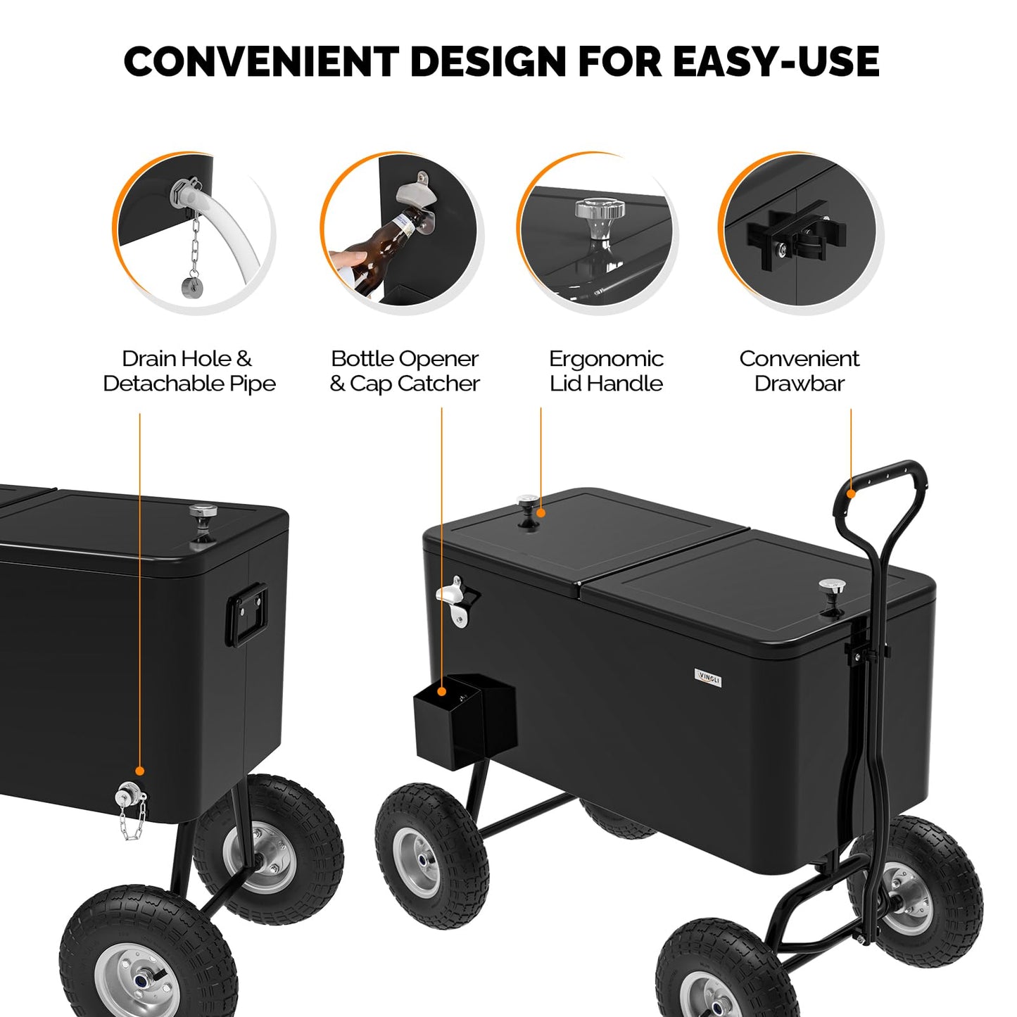 VINGLI 80 Quart Wagon Rolling Cooler Ice Chest, w/Long Handle and 10" Wheels, Portable Beach Patio Party Bar Cold Drink Beverage, Outdoor Park Cart on Wheels (Black-Wagon)