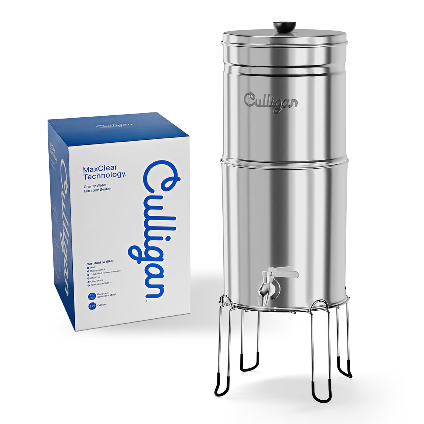 Culligan MaxClear 2.25 Gallon Gravity Water Filter System, Polished Stainless-Steel Countertop Water Filter NSF/ANSI Certified to Reduce Microplastics, Lead & Total PFAS, with 2 Ceramic Filter