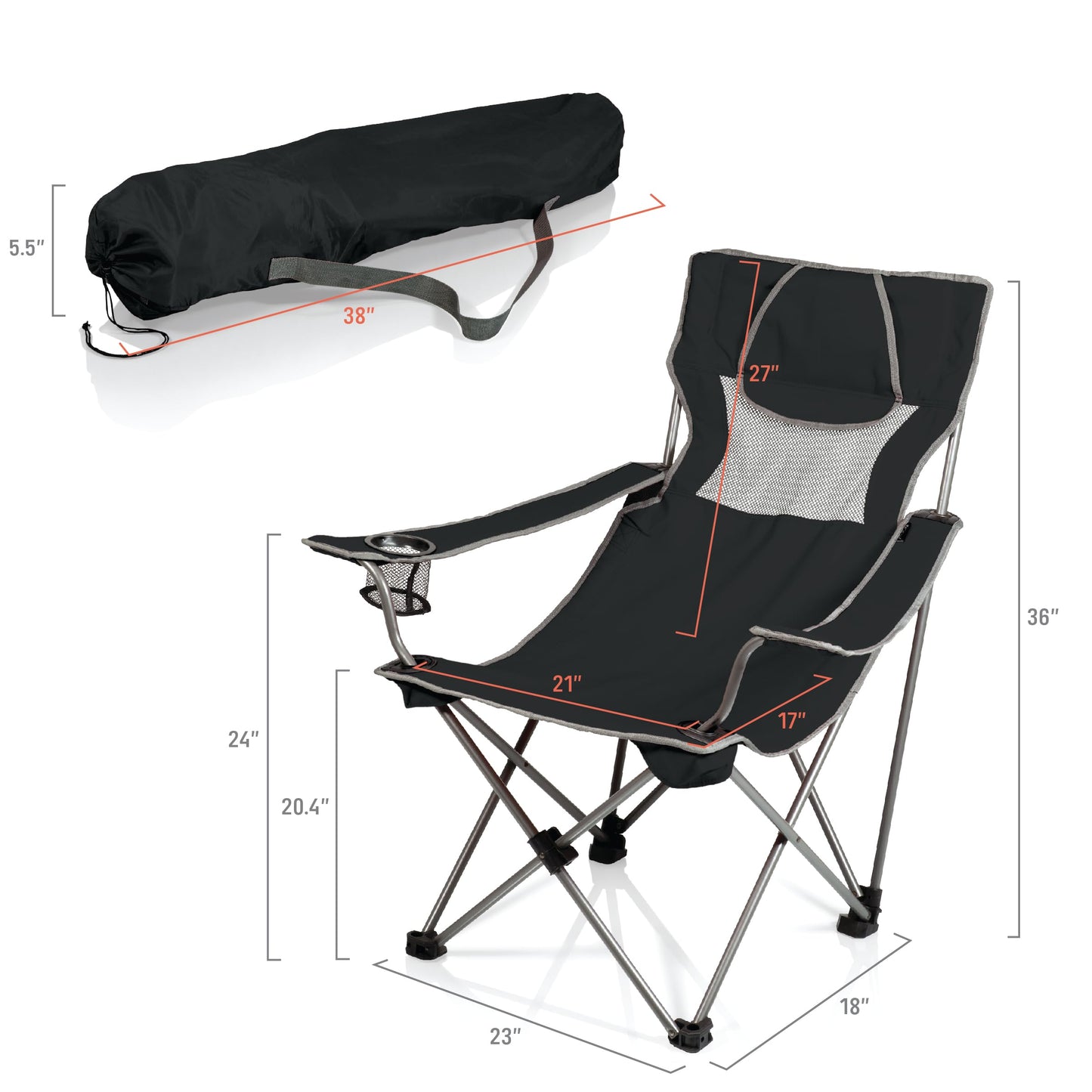 Picnic TIME NCAA Georgia Tech Yellow Jackets Campsite Camping Chair, Picnic Chair, Outdoor Folding Chair with Carry Bag, Beach Chair, (Black with Gray Accents), 23 x 18 x 36