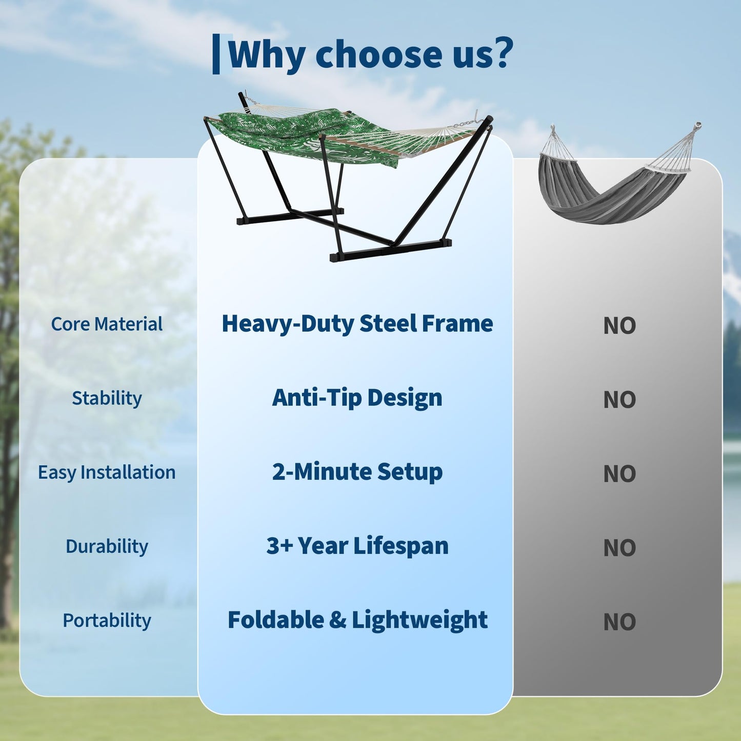 2 Person Double Hammock with Adjustable Steel Stand & Pillow, Heavy Duty Portable Outdoor Hammock Set, MAX 450 LBS Weight Capacity for Patio, Garden, Beach, Backyard