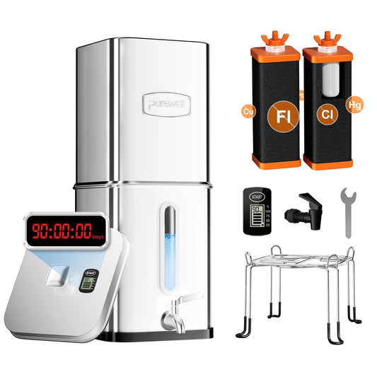 Purewell 5-Stage Filtration Fluoride-Free Gravity Water Filter System with Water Level Window & Smart Timer, Certified to Reduce Fluoride, Lead, Total PFAS, Mercury, and Chlorine, SQF-2.25G