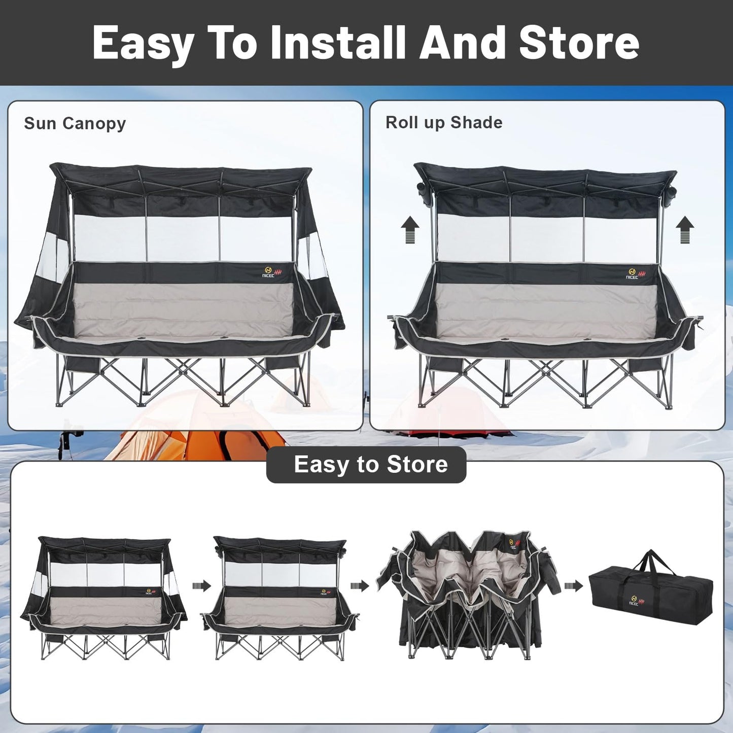 Nice C Heated 3 Seat Camping Chair with Canopy, Heated Double Folding Couch Loveseat Bench With Battery, Portable Oversized Padded Sports Umbrella Chair With Shade, Cup Holder, For Adults Outdoor Lawn