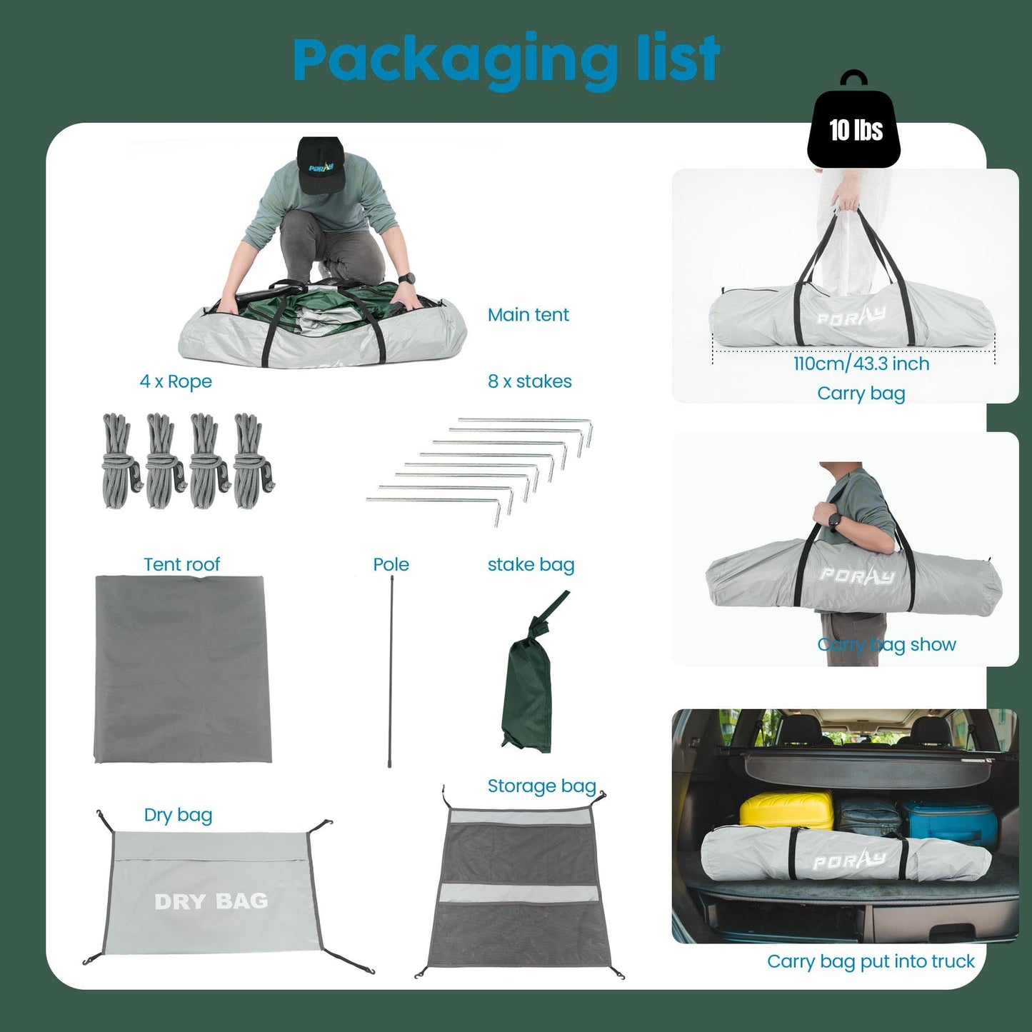 Porayhut Portable Camping Shower Tent Deluxe Changing Room Easy Set Up Privacy Shelter,Large Toilet Tent 2 Rooms with Floor Drain Design for Beach, Camping,Hiking with Stakes and Ropes for Stability