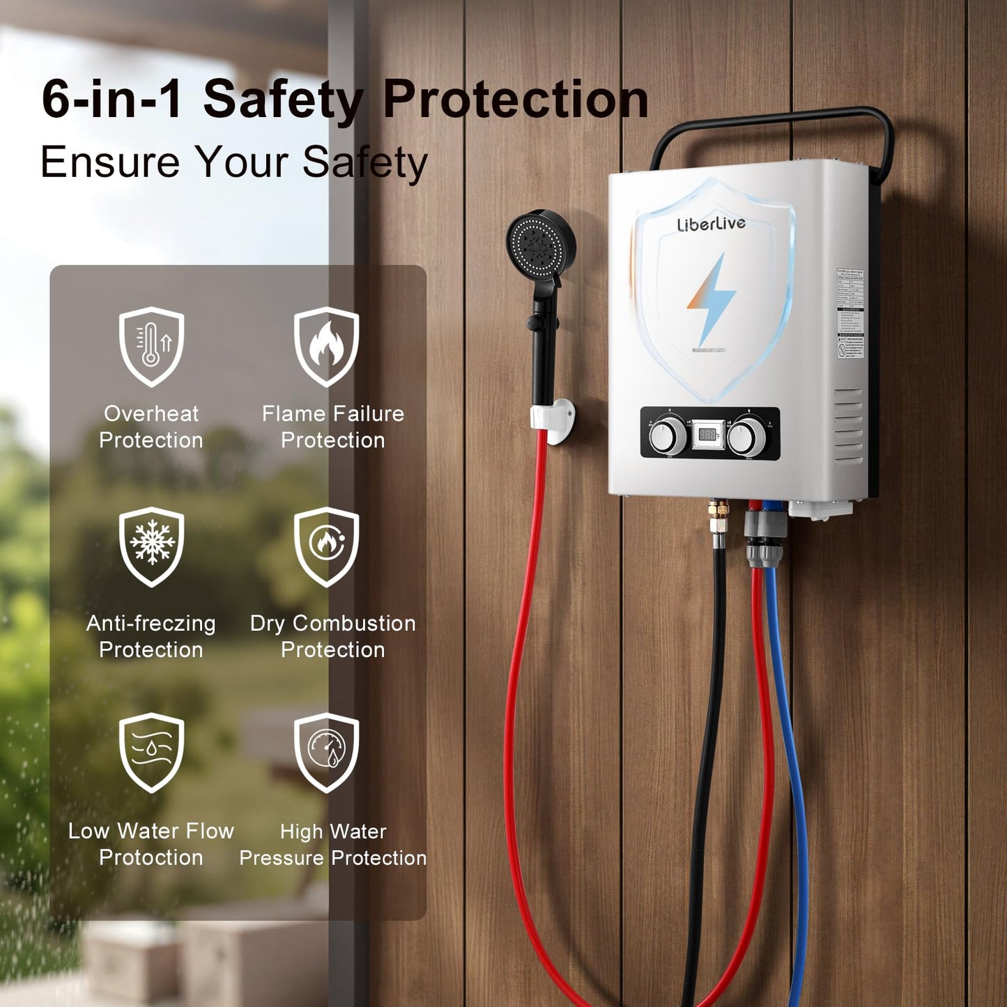 Propane Tankless Water Heater, 5L 1.32 GPM Outdoor Portable Gas Instant Hot Water Heater with Digital Display Overheating Protection, for Camping Barn Cabin RV White