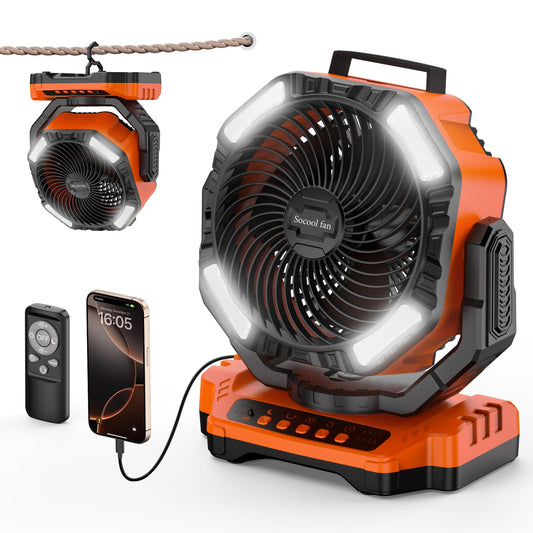 Socool 40000mAh Camping Fan Rechargeable, Battery Operated Portable Outdoor Fan Remote, 136Hrs & 4-Speed Cordless Oscillating, Table Fan with Light & Timer for Tent RV Jobsite Hurricane Power Outage