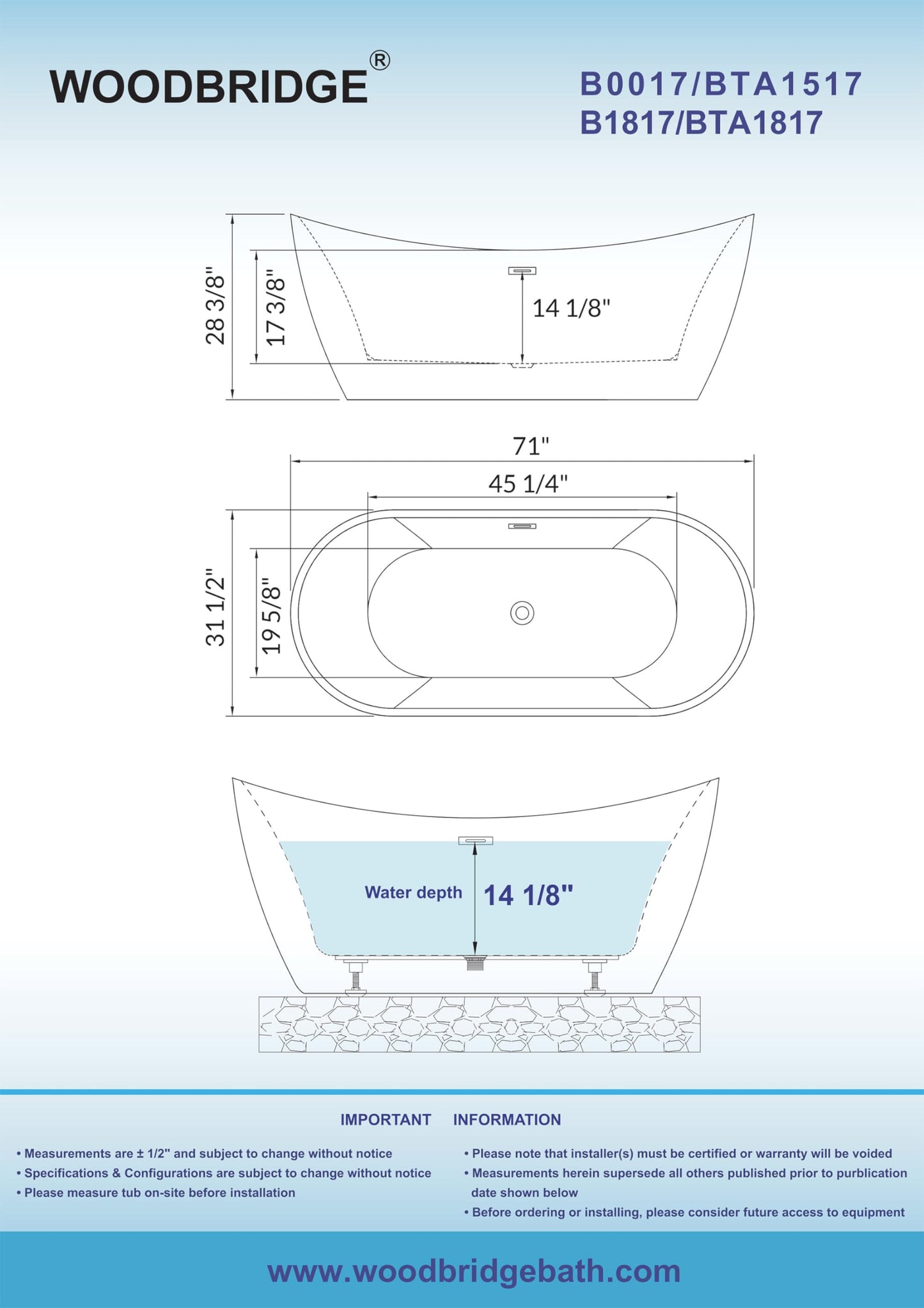 WOODBRIDGE BTA1517-BG-Drain &O Bathtub, Brushed Gold