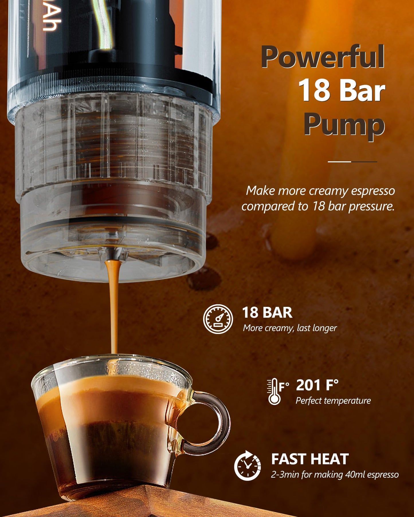 CONQUECO Self-Heating Portable Espresso Machine: Travel Coffee Maker with 13500mAh Battery - 12v Small Electric Fast Heating - Set for Ground Coffee & NS Capsule for RV, Car, Hiking, Office, Camping