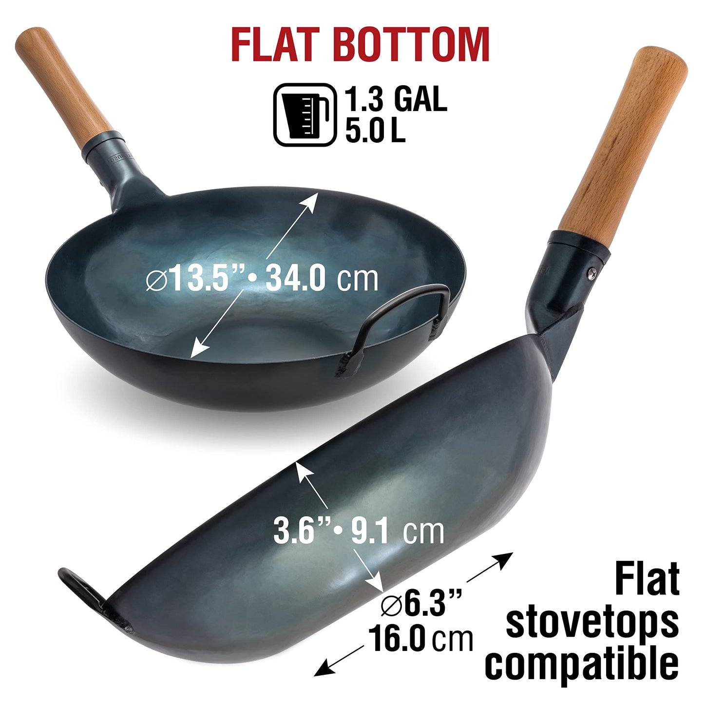 YOSUKATA Product Image Woks and Frying Pans 13.5" - Pre-seasoned Flat Bottom Wok + Wok Lid 12.8 In + 17" Wok Spatula and Ladle Skimmer Spoon + Wooden Long Cooking Chopsticks Set of 3 pairs
