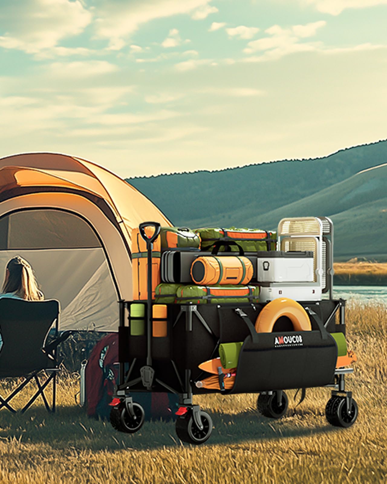 300L Large Wagons Carts Foldable, Heavy-Duty Collapsible Wagon Cart with All-Terrain Wheels, 440 lbs Capacity, Compact Folding Wagon for Camping, Beach, Sports, and Outdoor Hauling