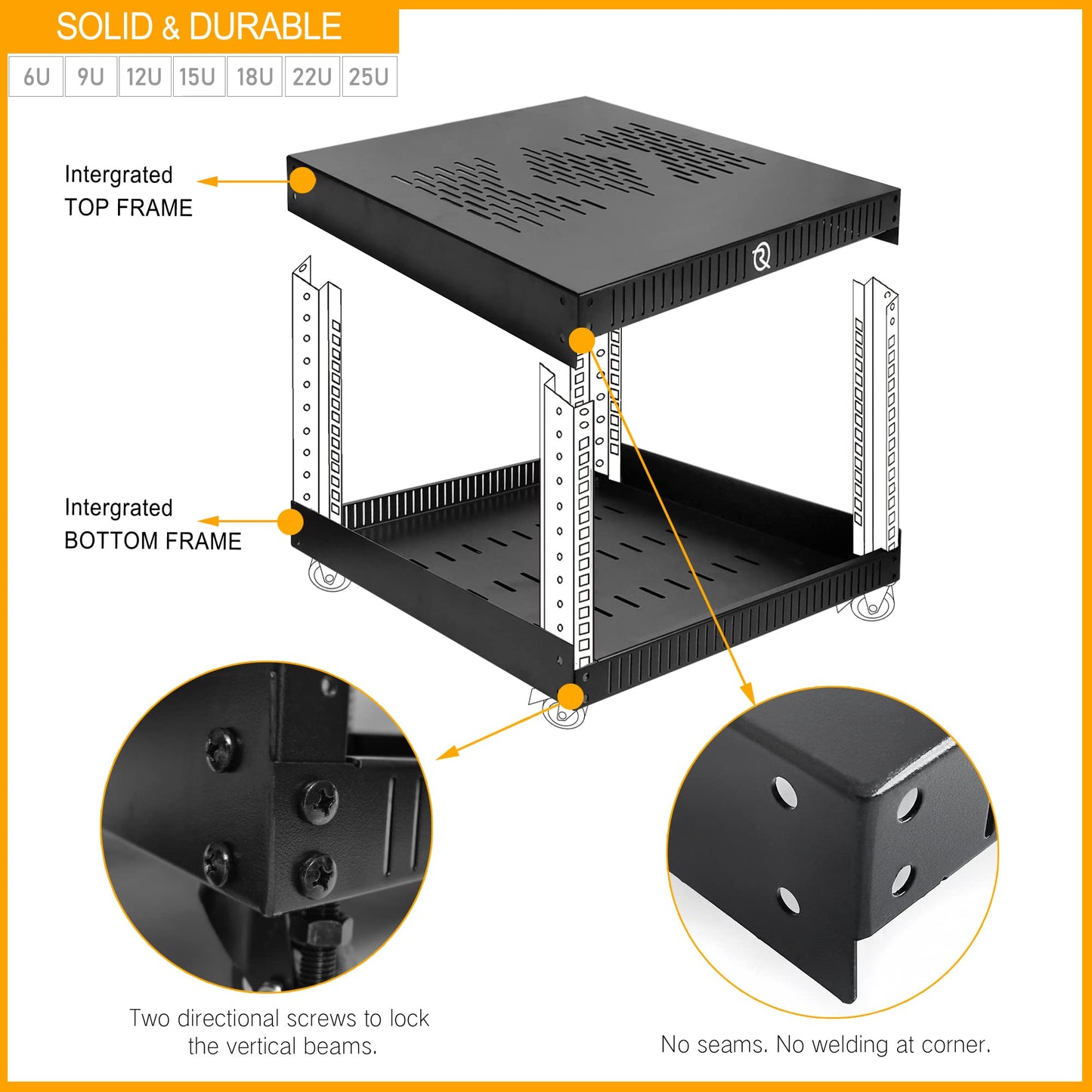 RIVECO 12U Network Rack with Reinforced Top Cover - 4 Post Floor Rack on Wheels for 19" Equipment & Stereo Gear- Including Rack Mount Power Strip & 1PCS 1U Rack Shelf