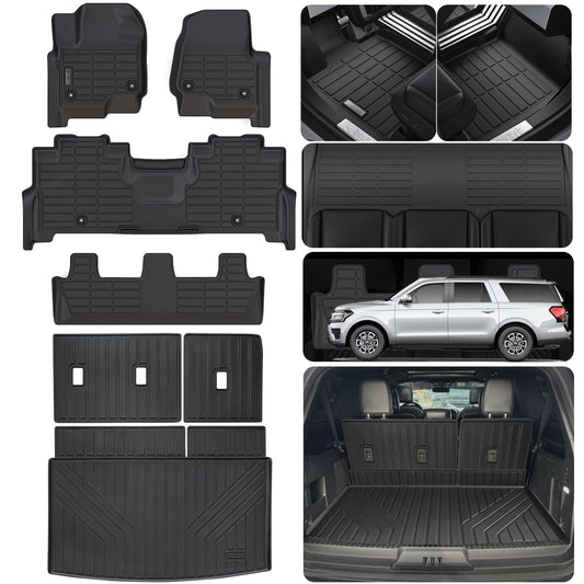 LJWAITO for 2018-2024 Ford Expedition MAX 8 Seats (2nd Row Bench Seat) Floor Mats with Cargo Liners & Backrest Mat,TPE All Weather Protection Full Set Automotive Accessories