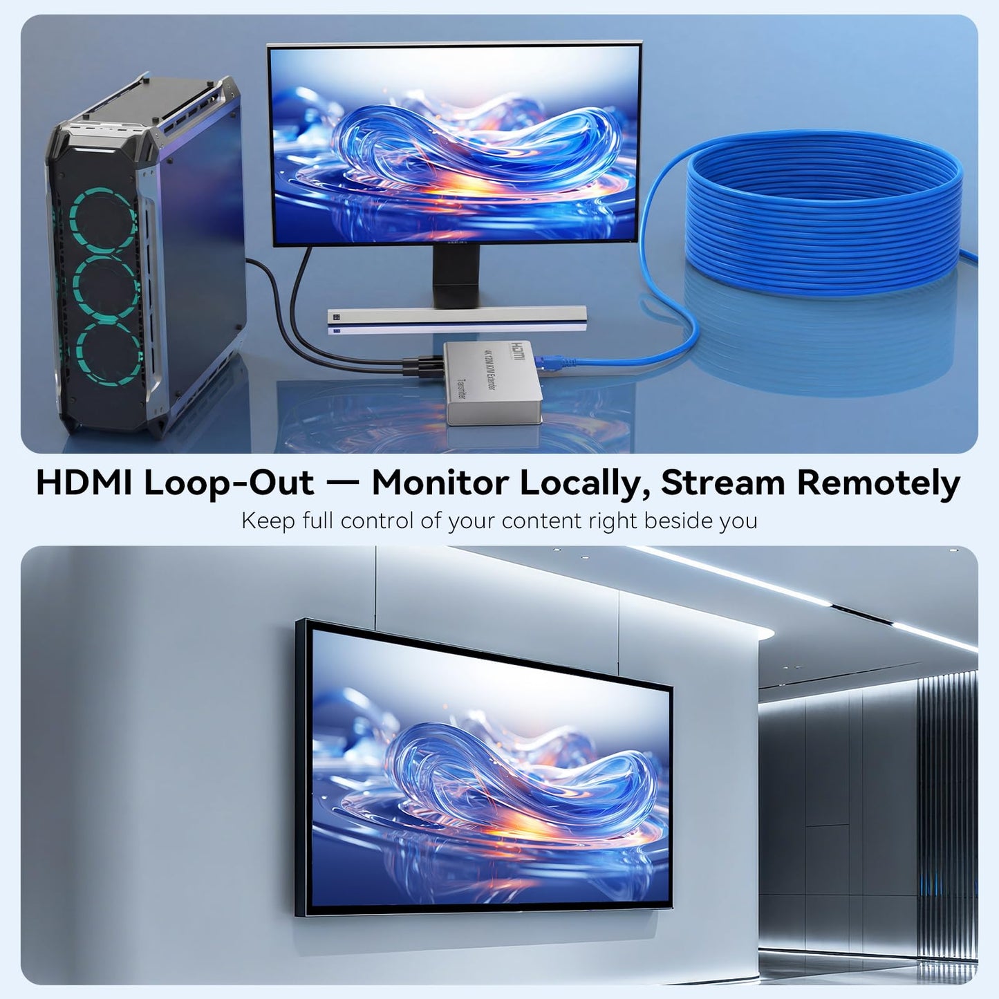 4K HDMI KVM USB Extender, 393ft Over Cat6, with Both Audio Port, Loop Out, IR, HDMI Over Ethernet, Keyboard Mouse Extension for PC, DVR, NVR, TV, Monitor, Projector
