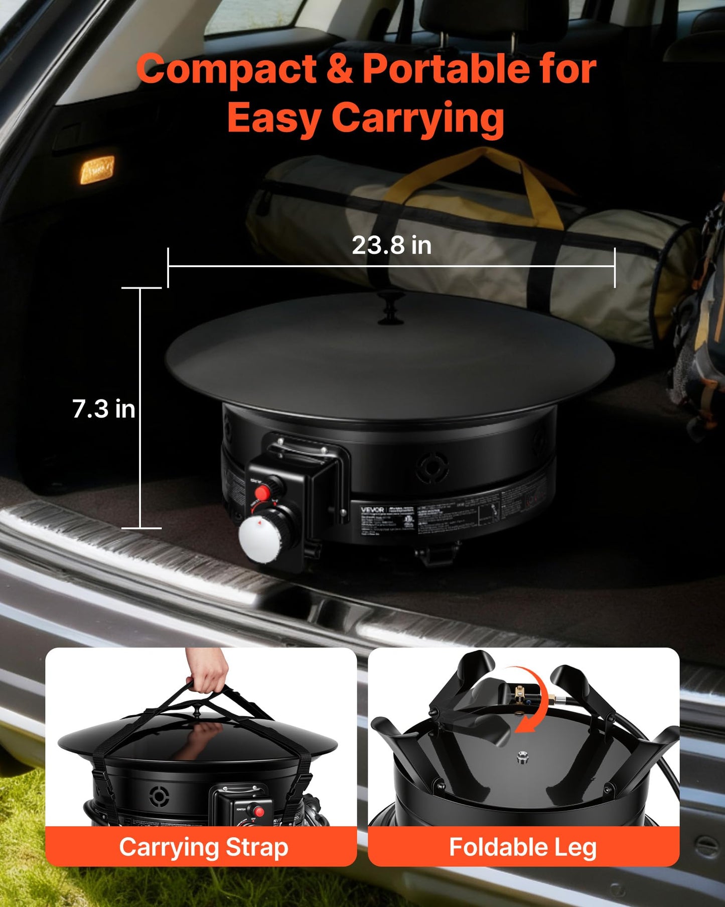 VEVOR Propane Fire Pit 24-Inch, 53,000 BTU Portable Gas Fire Pit, with Grill Grate & Lava Rocks, Adjustable Flame, Folding Legs,Smokeless Outdoor Firebowl for Camping, Patio, Backyard, Deck, RV, Black