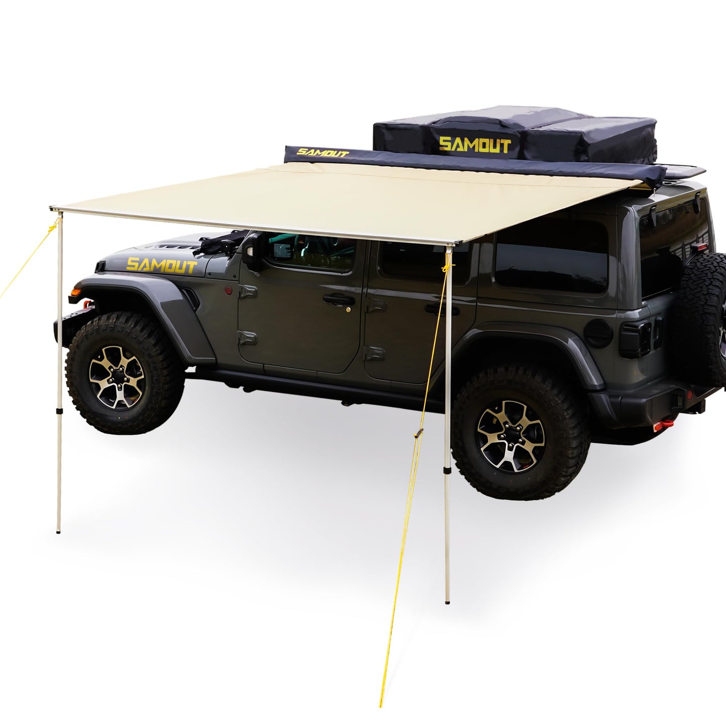 SAMOUT Vehicle Awning, 4.6ft x 8.2ft, Rooftop Pullout Ripstop UPF50+ Side Awning, Reinforced Hinges & Poles for Jeep/SUV/Truck/Van