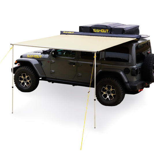SAMOUT Vehicle Awning, 4.6ft x 8.2ft, Rooftop Pullout Ripstop UPF50+ Side Awning, Reinforced Hinges & Poles for Jeep/SUV/Truck/Van