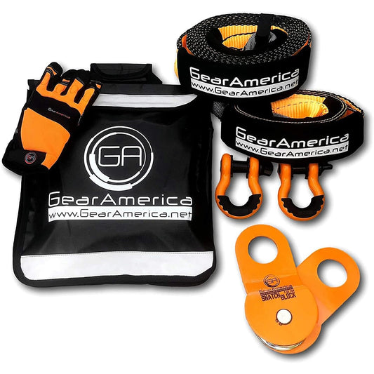 GearAmerica Off Road Recovery Kit, 9 Ton, Includes Tow Strap, Tree Saver, Snatch Block Pulley, D-Ring Shackles, Winch Line Dampener Bag, Gloves - Off Road Recovery Gear, 4x4, Orange