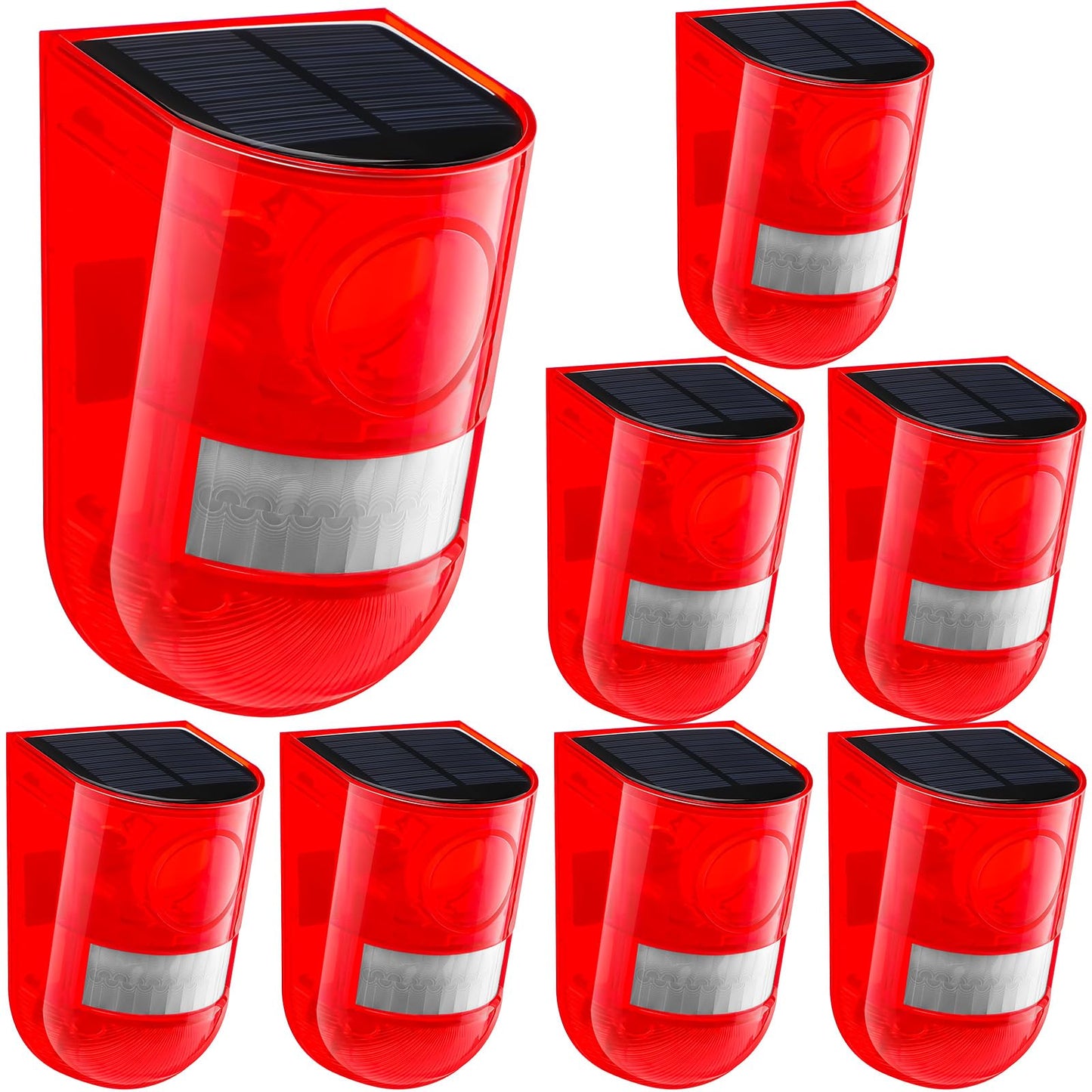Qualirey Solar Sound and Light Alarm Motion Sensor 129db Outdoor Security Siren Waterproof Activated Detector Driveway Alarm 6 LEDs Flash Warning Deterrent Strobe System for Home, Farm(Red,8 Pack)
