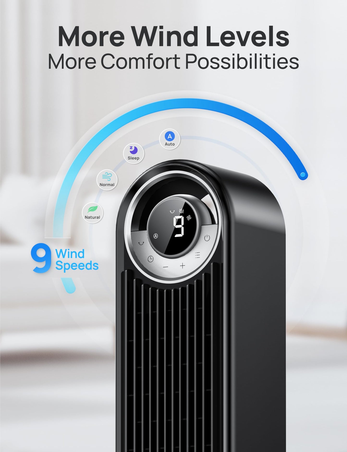 DREO Tower Fan for Bedroom, Upgraded DC 9 Speeds 20dB Ultra-Quiet Floor Fan, 90° Oscillating Fans with 28ft/s Velocity, 12H Timer, Standing Fan, Bladeless Fan Powerful for Home, Black