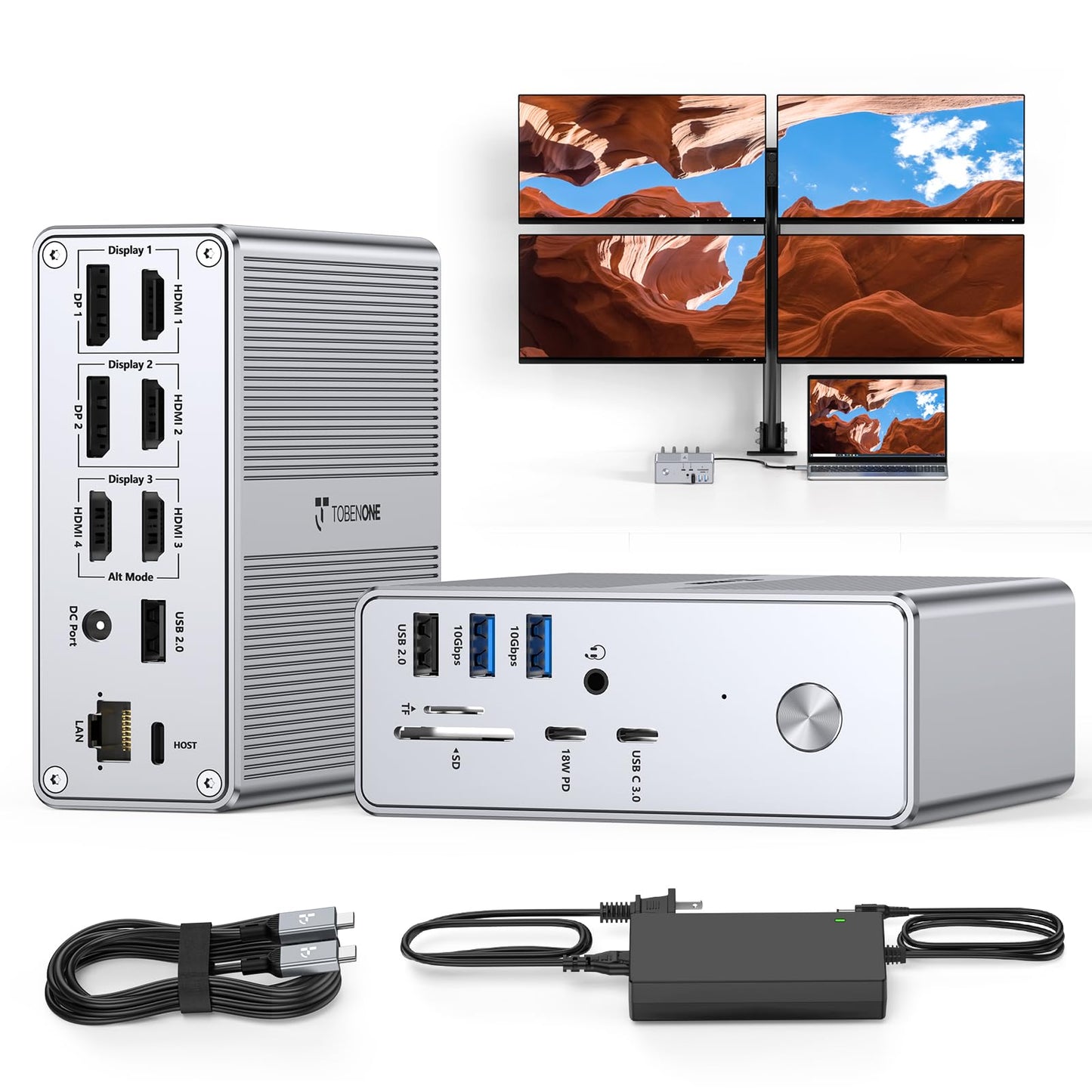 TobenONE DisplayLink Docking Station 4 Monitors with 4 HDMI, 10Gbps USB, 120W Power Supply, 18W Charging for Phone, Gigabit Ethernet, Compatible with macOS, Windows, Boost Multi-Tasking Productivity