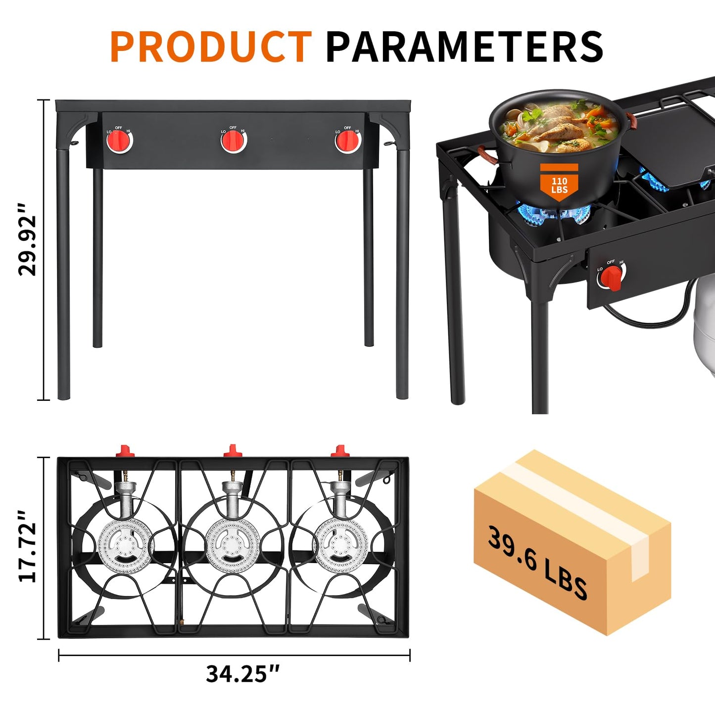 SKOK 3 Burner Propane Stove - Portable Camping Stove with 225,000 High Efficiency Propane Burner，Outdoor Stove for Camping, Backyard, Picnic