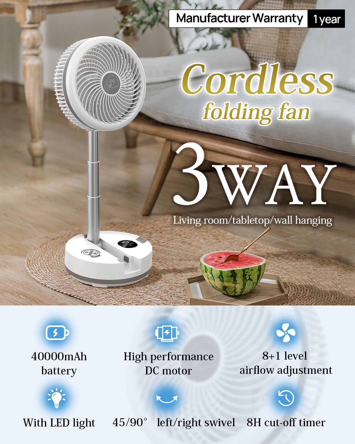 10 inch Portable Fan-Battery Operated Fan, Oscillating Rechargeable Fan with 40000mAh, Remote Control LED Lights, 114HR Run Time, Outdoor Portable Foldable Fan for Camping＆travel (White)