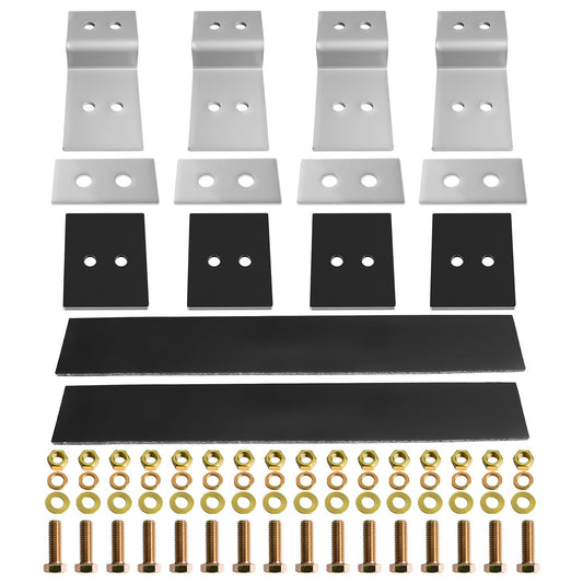 Cab Rack Side Mounting Kit - 4 L-Shaped Steel Brackets with 4-Hole Design, 2 Black Rubber Straps, 4 Thick Rubber Pads, 4 White UPE Anti-Scratch Spacers, Complete Set of Bolts, Nuts and Washers.
