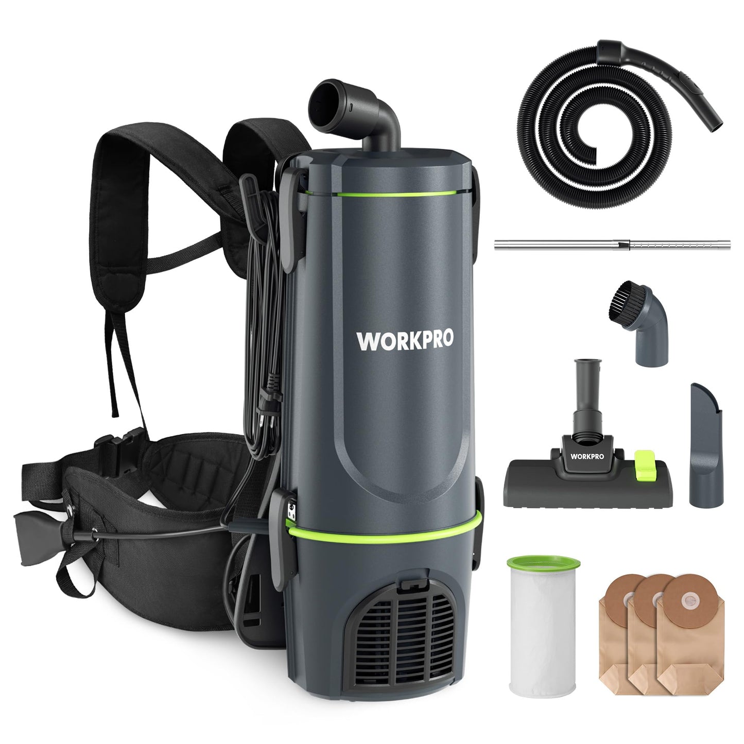 WORKPRO Commercial Backpack Vacuum Cleaner, 6-Quart, 1200W Motor, Lightweight with 23-Foot Long Cord, Portable Vacuum Backpack for Stairs, Carpet and Hard Floors