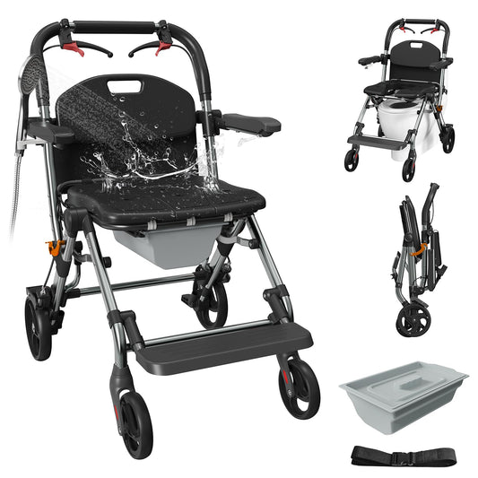 Portable Bedside Commode Chair 3-in-1, Foldable Toilet Chair with Raised Seat & Shower Chair, for Use with Wheelchairs for Adults, Heavy Duty Commode for Elderly, Disabled, Supports 330 lbs (BLACK)