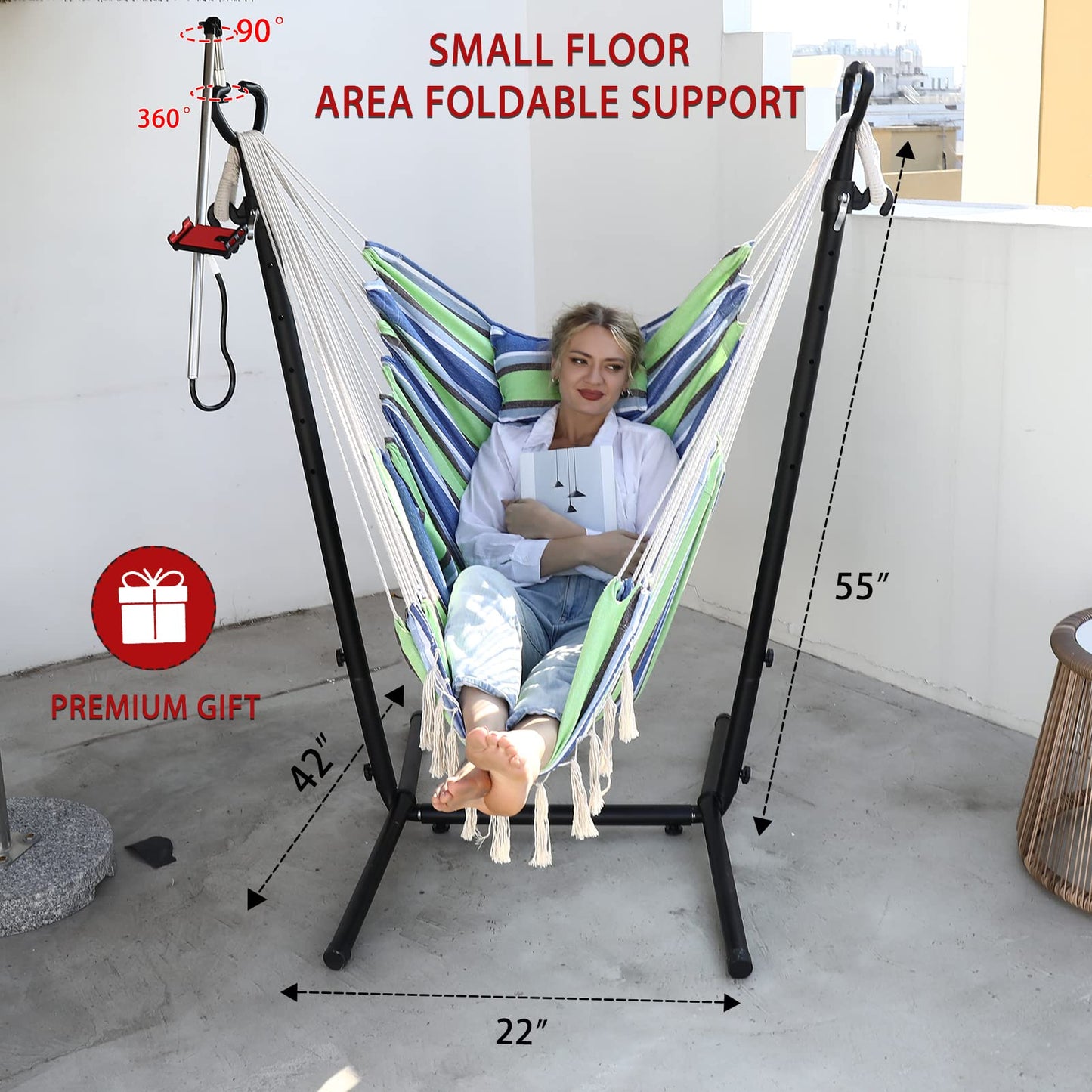 ZEYU Hammock Chair with Stand Double Hammock Chair Bohemian Style with Tassel Mobile Phone Support Manual Adjustable Swing Indoor and Outdoor Garden Porch with Floor mat Reclining Capacity 400 pounds