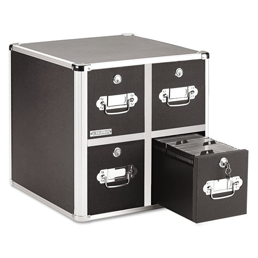 Vaultz CD Case Holder - File Cabinet CD Rack w/ 4 Drawers and Key Locks, 14 x 14.5 x 15.5 Inch DVD Organizer and CD Storage Box - Black