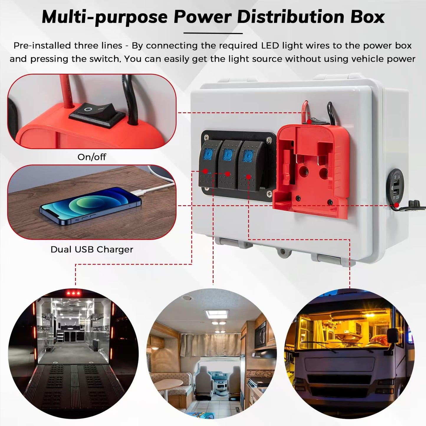 Power Distribution Box with Battery Adapter Fit for Mil.Waukee 18V Battery, Power Adapter Box with Pre-Installed Lines/Dual USB Charger/Low Voltage Protection, for RV Truck Trailer/Warehouse/Shed