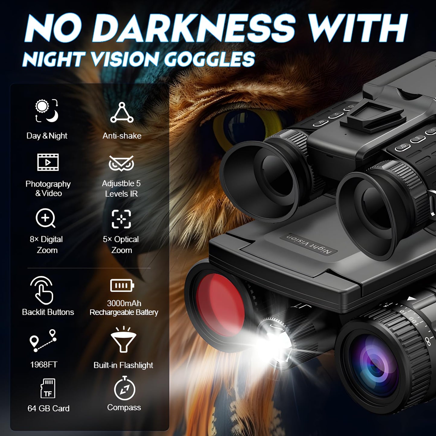 Head Mounted Night Vision Goggles with Screen for Adults 2000FT - 4K Night Vision Binoculars, Infrared Goggles with 64GB Card with Flashlight 8X Digital Zoom Outdoor Exploration Camping
