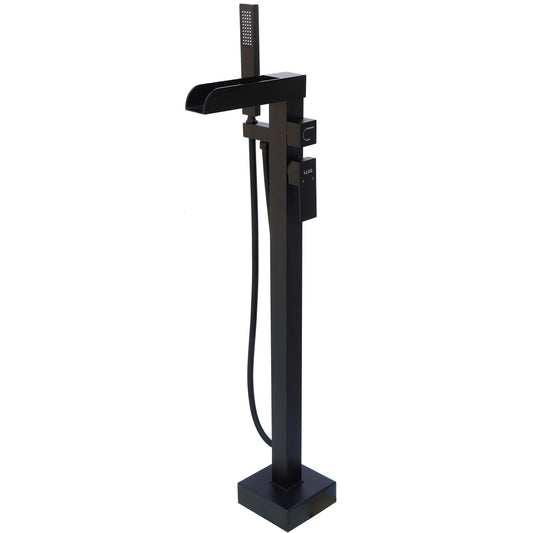 High Flow Freestanding Bathtub Faucet Waterfall LLGG Tub Filler Black 11.9GAL Floor Mount Bathroom Faucets with Handheld Shower Sprayer RIGOBAL