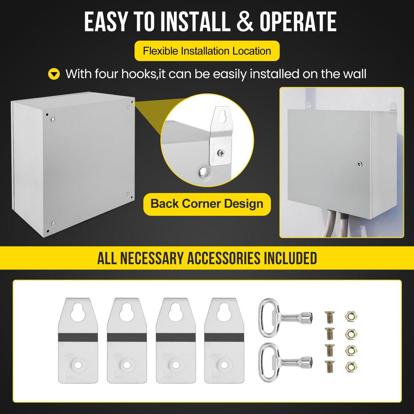 24x24x12 Inch NEMA 4X Industrial Steel Electrical Enclosure, Waterproof & Dustproof Outdoor Junction Box with Hinged Lockable Door and Mounting Plate for Commercial & Residential Circuit Protection