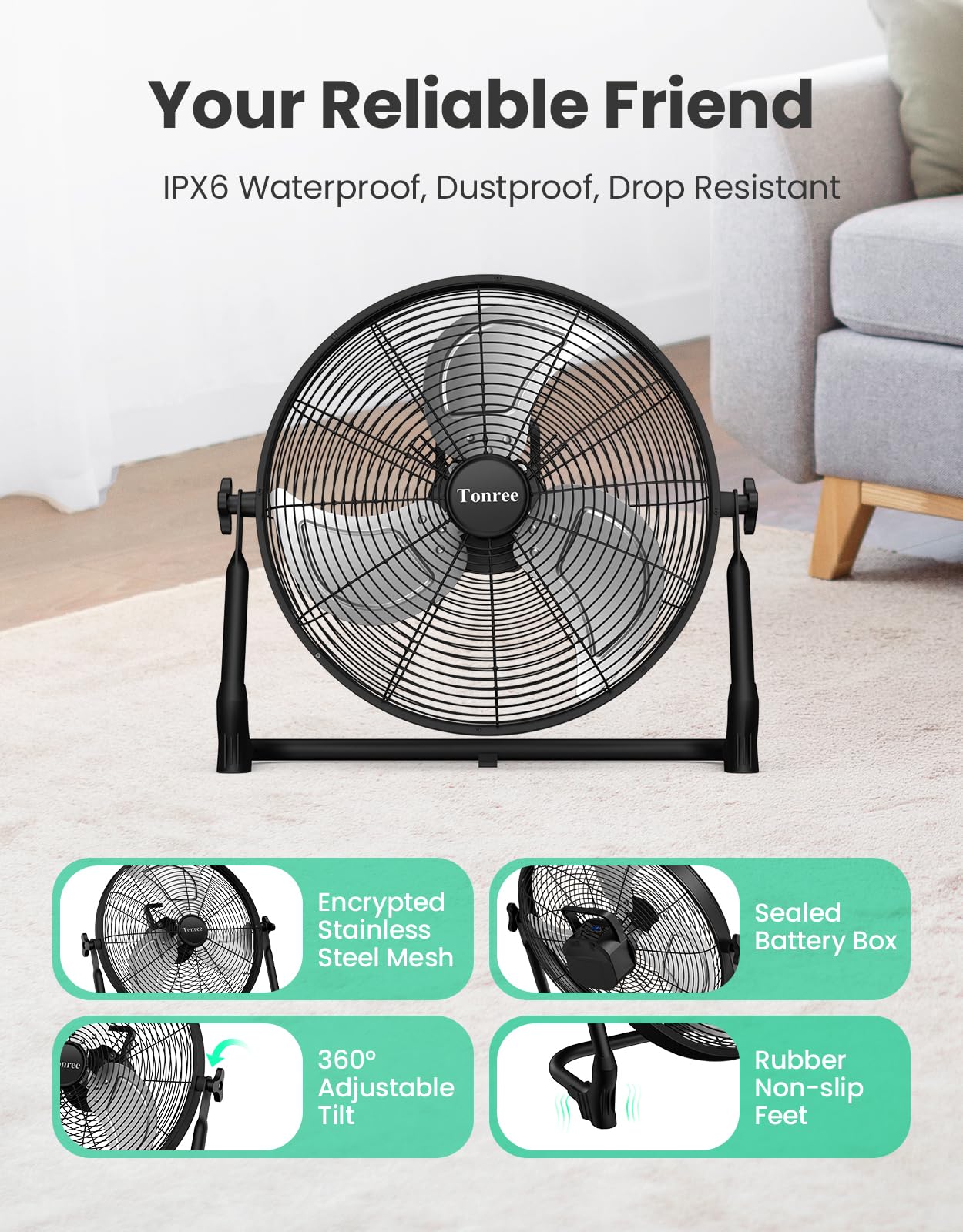 Tonree 18" Portable Battery Operated Floor Fan, Hi-Velocity Rechargeable Cordless Fan, USB Phone Charge, 12-60H Runtime, Quiet, Wireless, Hi-Airflow, For Camping Home Gym Patio Outdoor Summer Gazebo