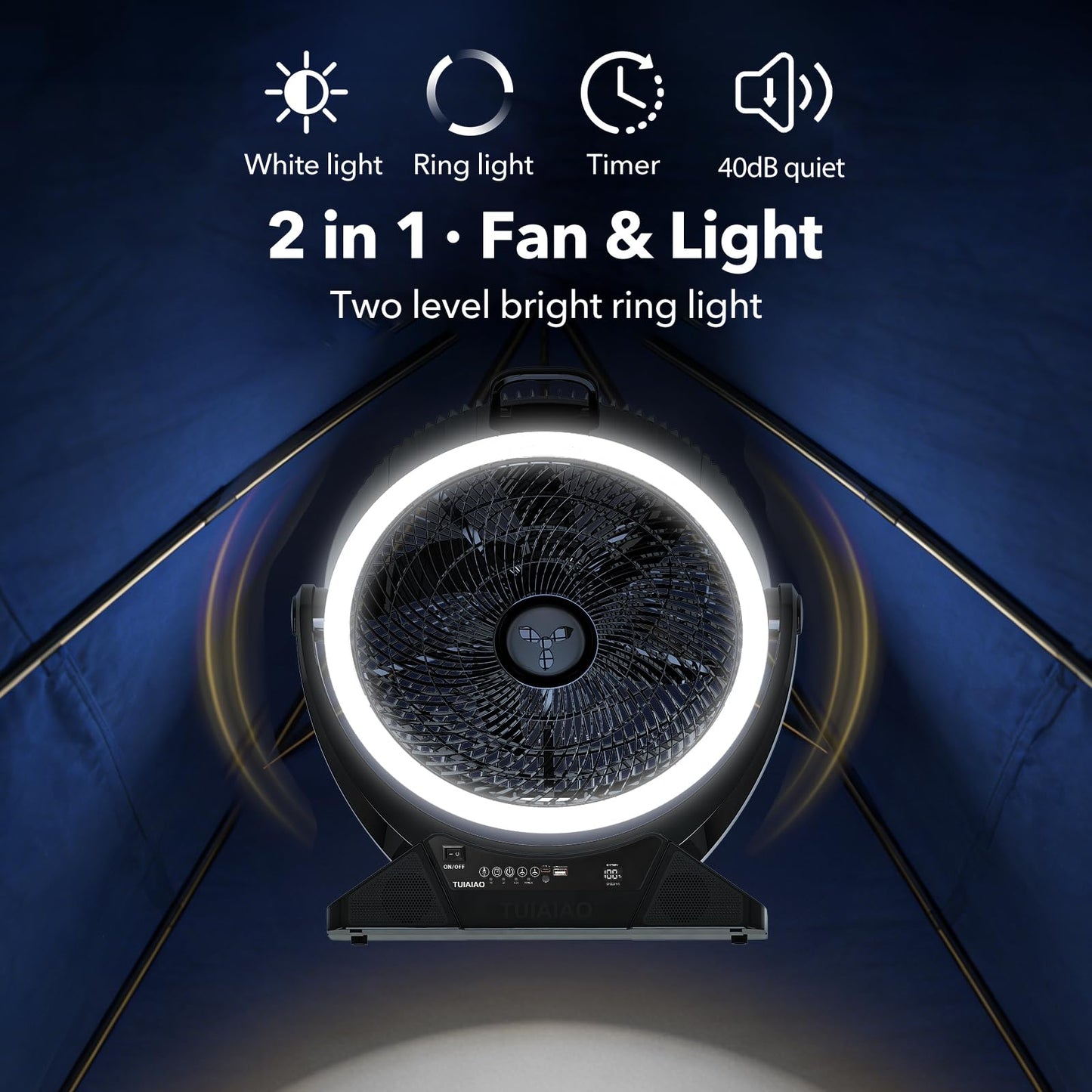 TUIAIAO Large 45000mAh Battery Operated Camping Fan Manual Tilt 50°, 12-Inch Blades Portable Rechargeable Outdoor Fan with 5 Speed, High Airflow, Cordless Floor Fan with Timer for Garage, Hurricane