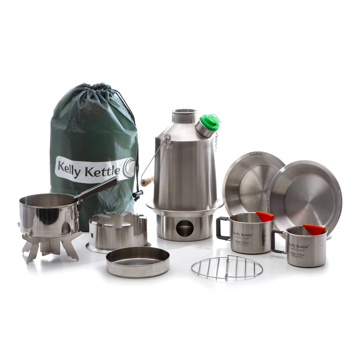 Kelly Kettle® Ultimate 'Scout' Kit VALUE DEAL | 41oz Steel Camp Kettle, Cook Set, Hobo Stove, Cups, Plates, Base Support | Use Sticks to Boil & Cook Fast | Camping, Fishing, Picnics, Emergencies