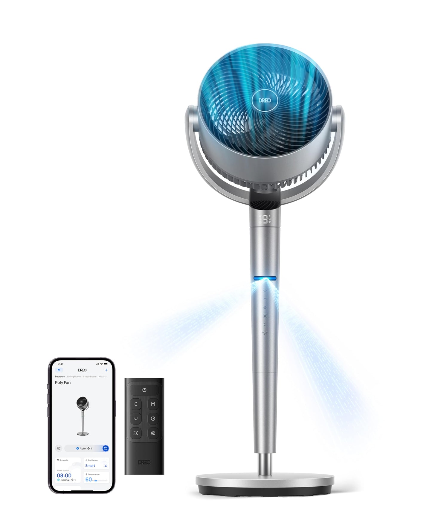 DREO Smart Fan for Bedroom, Position-based Oscillation, 150°+120° 3D Oscillating Fan, 110ft Pedestal Fans with Wi-Fi/Voice/Remote, Standing Fans Work with Alexa/Google, 9 Speeds, 6 Modes, 20dB, Silver