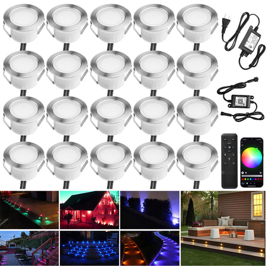 Smart LED Deck Light Kits - 20 Pack of 1.77" Low Voltage Recessed RGBW Deck Lights IP67 Waterproof for Outdoor Landscape Lighting on Steps, Floors & Pathways, Compatible with Alexa & Google Assistant