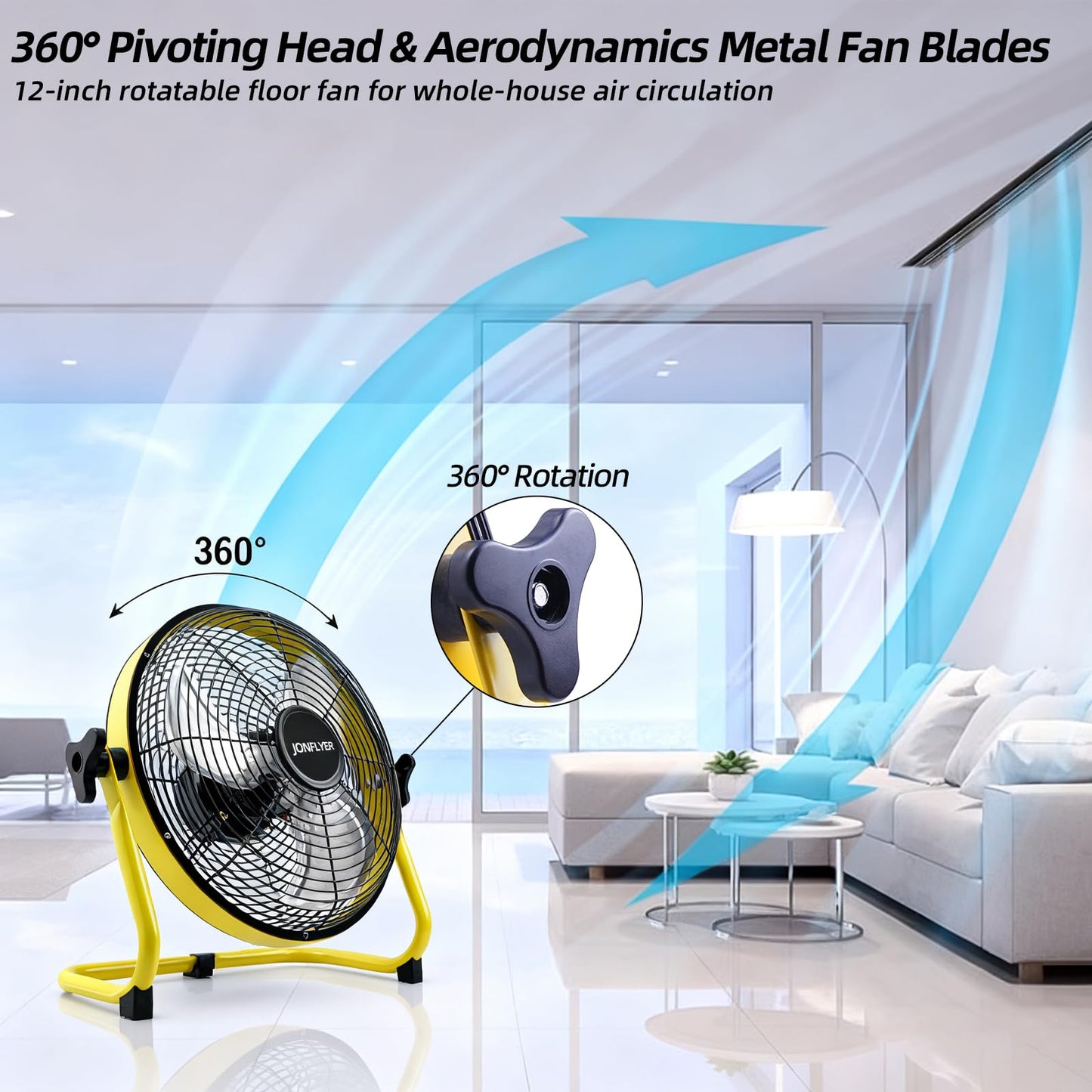 JONFLYER 12 Inch Portable Battery Operated Floor Fan, Rechargeable High-Velocity Cordless Fan with 12 Speed 360° Adjustable Tilt Quiet for Camping, Outdoor, Gazebo, Greenhouse, Gym, Garage