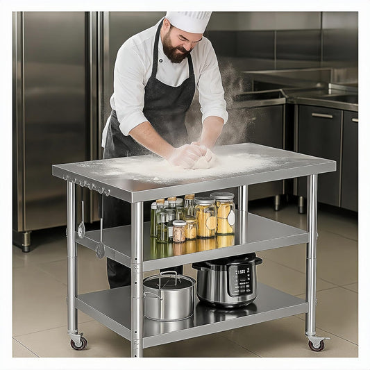 Stainless Steel Table with Wheels for Food Preparation and Work, Multi-Size Optional, Three-Layer Variable Two-Layer Metal Commercial Workbench Outdoor, Restaurant, Kitchen(36" Lx24 Wx35 H)